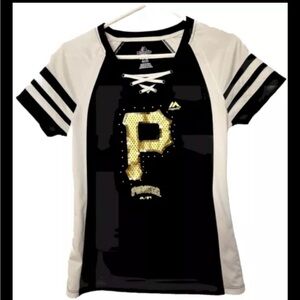 Pittsburgh Pirates WOMEN Small Majestic  V-Neck Jersey Shirt With Bling